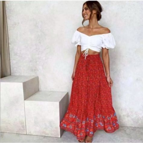 Bohemian Festival Red Floral Gypsy Print Maxi Skirt S M L Xl, Poly Blend, Ships In 7-8 Days Floral Print Maxi Skirt, Ruffle Maxi Skirt, Summer Wedding Guest, Coachella Dress, Bohemian Skirt, Maxi Skirt Outfits, Maxi Skirt Boho, Western Aesthetic, Red Boho