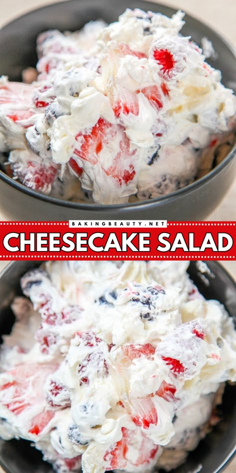 For a burst of spring freshness, give this Cheesecake Salad recipe a try! Add this to your spring food ideas and spring salad recipes, featuring a delectable cheesecake twist with a burst of berry goodness. The perfect addition to your vibrant spring meals! Fruit Salad With Cheesecake Pudding, Cheesecake Fruit Salad 12 Tomatoes, Fruit Salad Side Dish, Cheesecake Salad Recipe Cool Whip, Strawberry Cheesecake Salad Recipe, Side Dishes For Cookout Parties Summer, Sweet Salads For Parties, Strawberry Side Dish, Hawaiian Cheesecake Fruit Salad