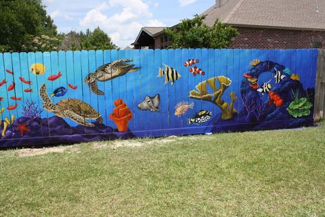 Max Bernardi Murals & More: Backyard Mural, Private Residence Mural Fence, Ocean Mural Painting, Pool Mural, Beach Mural Painted, House Mural, Cheap Backyard Makeover Ideas, Ocean Mural, Pool Paint, Beach Mural