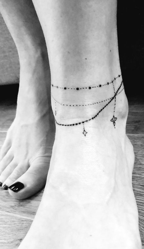 Permanent Anklet Tattoo, Ankle Tattoo Bracelet Anklet, Womens Anklet Tattoos, Ankle Charm Tattoo, Anklet Tattoo With Charms, Thigh Bracelet Tattoo, Ankle Bracelet Tatoos, Disney Anklet Tattoo, Bracelet Ankle Tattoo