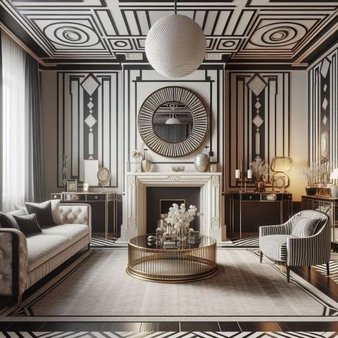 15 Art Deco Living Room Ideas for Glamorous and Chic Design — Lord Decor Art Deco Living Room 1920s, Art Deco Living Room Ideas, Art Deco Home Design, Chic Living Room Ideas, Art Deco Style Interior, Art Deco Homes, Art Deco Fireplace, 1920s Interior Design, Art Deco Living