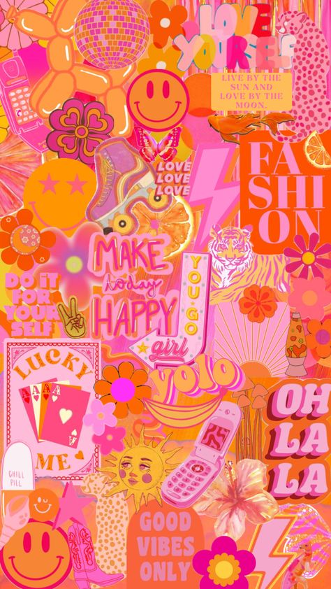 #retro #70s #80s #colors #colorful #pink #orange #collage #colorpallette #colorcombo #vintage #60s #1970s #1980s Fun Pink Background, Pink Retro Aesthetic Room, Orange And Pink Phone Wallpaper, Preppy S Wallpaper, Fun Pictures For Wall Collage, Pink Orange Retro Aesthetic, Pink And Orange Background Aesthetic, 1980 Wallpaper, Bold Wallpaper For Phone