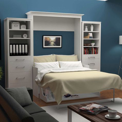 Bed & Room Porter Full Portrait Wall Bed with Desk and Two Side Towers | Costco Full Murphy Bed, Full Size Murphy Bed, Bed With Shelves, Murphy Bed Ikea, Murphy Wall Beds, Queen Murphy Bed, Modern Murphy Beds, Murphy Bed Plans, Bed Platform