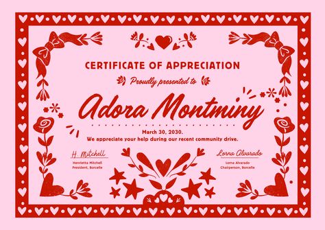 Pink Red Bold Cute Coquette Hearts Certificate by Take Care Creative. Follow on Canva or get emails about new canva templates at takecarecreative.co / valentine, red, bow, heart, appreciation, romance, love, flower, stamp, star, illustration / Cute Certificate, Creative Certificate Design, Pink Certificate, Certificate Appreciation, Red Pink Graphic Design, Coquette Graphic Design, Red Heart Coquette, Red And Pink Coquette Wallpaper, Bow Graphic Design