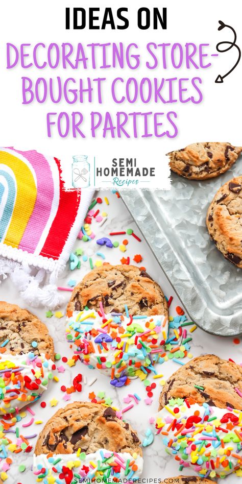 Decorated Store-Bought Cookies for Parties with melted candy melts and sprinkles Store Bought Cookies, Chocolate Dipped Cookies, Baby Shower Treats, Dipped Cookies, Buy Cookies, Semi Homemade, Idea For Birthday, Baby Shower Desserts, Comfort Food Southern