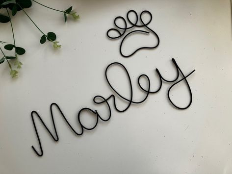 Wire dog name personalised sign for wall decor with paw print Dogs Bed, Wire Dog, Wire Knitting, Big Letter, Small Letter, Christmas Star Decorations, Knitted Wire, Command Hooks, Feeding Station