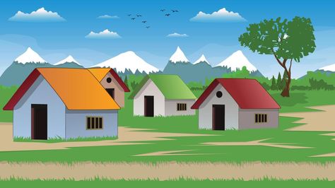 Poor farmer village cartoon background of green meadows and surrounded by trees, ocean and mountains Farmer Background, Cartoon Village, Ocean And Mountains, Tree Saw, Cartoon Background, Cityscape Photos, Logo Banners, Nature Backgrounds, Background Banner