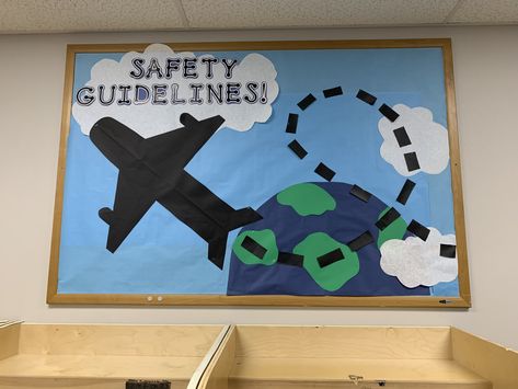 Plane Classroom Theme, Ra Travel Theme Bulletin Boards, Travel Theme Bulletin Board, Plane Bulletin Board, Airplane Bulletin Board, Airplane Classroom, Travel Bulletin Boards, Ece Teacher, Creative Bulletin Boards