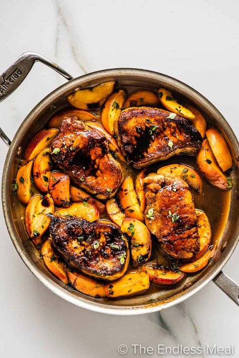 These summer pork chops with peaches are sweet, juicy, and so delicious. With fresh peaches, brown sugar, thyme, and balsamic glaze, it's a flavorful way of preparing pork chops that celebrates the season. Peach pork chops are also easy to make with less than 10 ingredients, and they're ready in under 30 minutes! #theendlessmeal #peachporkchops #peaches #peach #pork #porkchops #summer #summerporkchops Pork Chops With Peaches, Peach Pork Chops, Brown Sugar Peaches, Grilled Potato Salad, Fresh Peach Recipes, Grilled Corn Salad, Juicy Pork Chops, Fresh Peaches, Boneless Pork Chops