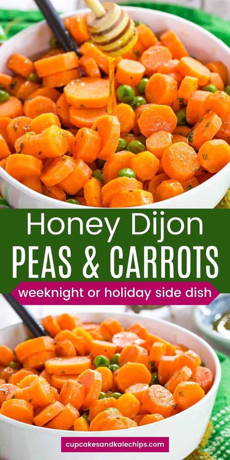 Honey Dijon Peas and Carrots give your basic glazed veggies a little sweet and tangy twist. This easy side dish recipe is ready in about 15 minutes, so perfect for a busy weeknight dinner. But the amazing flavor makes them worthy of adding to your holiday menu for Thanksgiving, Christmas, or Easter! Roasted Peas And Carrots, Corn Peas Carrots Recipe, Crockpot Peas And Carrots, Peas Carrots Corn Recipe, Peas Thanksgiving Side Dish, Canned Carrot Recipes Side Dishes, Canned Peas And Carrots Recipe, Peas Carrots Recipe, Pea And Carrot Recipes