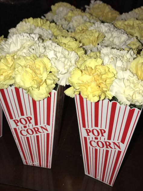 Popcorn Centerpieces Table Decorations, Popcorn Centerpiece Ideas, Popcorn Centerpieces, Circus Party Centerpieces, Popcorn Games, Popcorn Decor, Volunteer Appreciation Dinner, Popcorn Store, Popcorn Theme