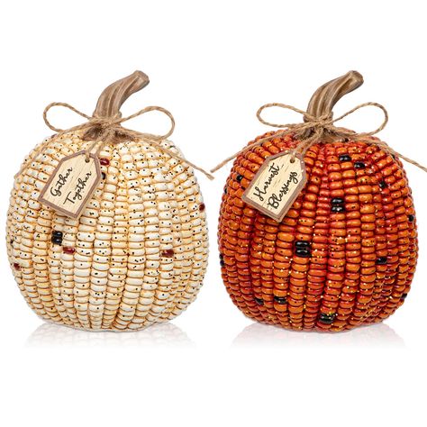 PRICES MAY VARY. Size and Package: This set includes 2 decorative corn cob pumpkins, each measuring 4.3 inches. Perfectly sized to fit seamlessly into any decor setup, these artificial pumpkins add a touch of fall charm to any space. Material: Crafted from lightweight resin, these fake pumpkins are built to last and are suitable for both indoor and outdoor use. They can maintain vibrant colors and shapes over time, ensuring long-lasting enjoyment in your seasonal decorating. Capture Every Detail Rustic Fall Decor Living Room, Side Table Fall Decor, Small Table Centerpiece, Rattan Pumpkins, Rustic Modern Decor, Harvest Table Decor, Outdoor Porch Decor, Indoor Outdoor Porch, Halloween Table Centerpieces