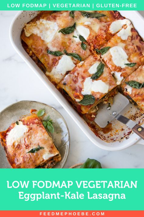 This vegetarian eggplant low FODMAP lasagna recipe uses a kale caponata, gluten-free noodles, and low FODMAP cheese mix that can also be vegan or dairy-free! Its a super flavorful filling that feels meaty even though it's plant-based. It's one of the best low FODMAP dinner recipes Low Fodmap Lasagna, Low Fodmap Cheese, Eggplant Lasagna Recipe, Ricotta Lasagna, Veggie Fritters, Eggplant Lasagna, Veggie Lasagna, Easy Vegetarian Dinner, Vegetarian Lasagna