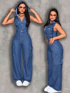 Women's Casual Sleeveless Drawstring Hooded Jumpsuit With Flap Pockets Medium Wash Casual  Sleeveless Denim Plain Shirt Non-Stretch  Women Clothing, size features are:Bust: ,Length: ,Sleeve Length: Moda Denim, Play Suit, Jeans Outfit Women, Shein Icon, African Fashion Modern, Denim Wear, Denim Outfits, Plain Shirt, Classy Casual Outfits