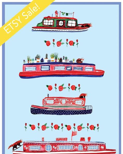 KatieWalkerIllustration’s Instagram photo: “This print is on sale due to my printers being temporary closed and having to bulk buy from a new printer 😀 I've got 25 left to sell! 😀only…” Canal Illustration, Canal Boat Art, Treat Board, Boat Cartoon, Canal Barge, Hygge Design, Boat Illustration, Boat Crafts, Canal Boats