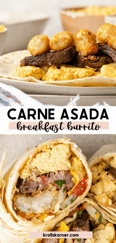 Carne Asada Breakfast Burrito (Freezer Friendly) Kroll's Korner Crock Pot Breakfast Burrito, Breakfast Burrito Freezer, Asada Burritos, Carne Asada Burrito, Steak Breakfast, Steak Potatoes, Breakfast Burritos Recipe, Breakfast Burrito, Burritos Recipe