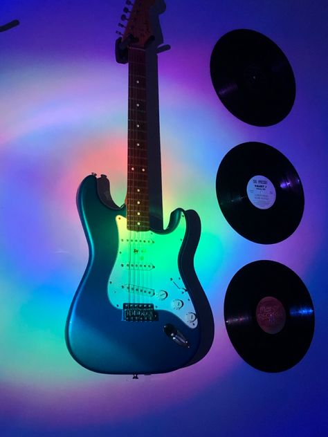 Neon Guitar Aesthetic, Fender Aesthetic, Rainbow Grunge, Mac Backgrounds, Music Aesthetics, Guitar Fender, Playlist Covers Photos, Blue Pictures, Aesthetic Indie