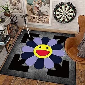 DIKFENS 32Inch Takashi Murakami Rug，Happy Face Rug，Flower Design for Bedroom Aesthetic Room Decor (Color : 19, Size : 32X32inch(80x80cm)) Room Decor Color, Artistic Room, Black Blackout Curtains, Velvet Carpet, Chair Mat, Plush Carpet, Round Carpet, Takashi Murakami, Chair Mats