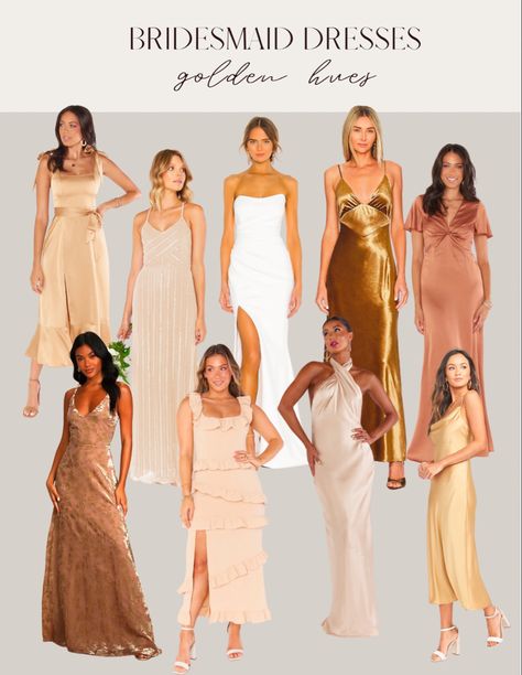 Bridesmaid dress inspo ⭐️🏆 Bridesmaid dresses, gold wedding guest dress, wedding inspo, bride to be, bridal, wedding dress, bridesmaid inspo, bridesmaid gift, gold dress, mother of bride, show me your mumu, satin dress Follow my shop @The.BasicBee on the @shop.LTK app to shop this post and get my exclusive app-only content! #liketkit #LTKwedding #LTKfindsunder100 #LTKstyletip @shop.ltk https://liketk.it/4j5rm Gold White Bridesmaid Dresses, Honey Bridesmaid Dresses, Gold Yellow Bridesmaid Dresses, Unique Bridesmaid Dresses Classy, Gold Maid Of Honor Dress, Gold Wedding Guest Dress, Golden Bridesmaid Dresses, Gold Wedding Guest Dresses, Gold Bridesmaids Dresses