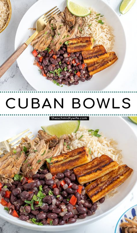 Cuban Bowls Mojo Pork, Mojo Pork Rice Bowl, Cuban Banana Recipe, Cuban Pork Bowl, Fried Plantain Recipe Cuban, Cuban Pork Bowl Recipe, Pork Black Beans And Rice, Mexican Pork Rice Bowls, Healthy Cuban Recipes