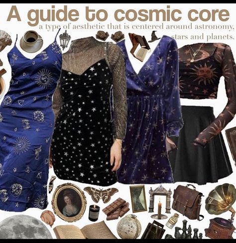 Cosmic Core Dress, Celestial Whimsigoth Outfit, Celestialcore Fashion, Jacquelinecore Aesthetic, Cosmic Witch Aesthetic Outfit, Moon Goth Outfits, Cosmicore Outfits, Spacecore Dress, Planetarium Outfit Ideas