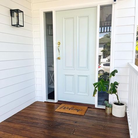 Queenslander Front Door, Hampton Front Door, White Hamptons House, Hamptons Front Door, Coastal Front Door, Front Door Coastal, Beach House Front Door, Navy Front Door, Weatherboard Exterior