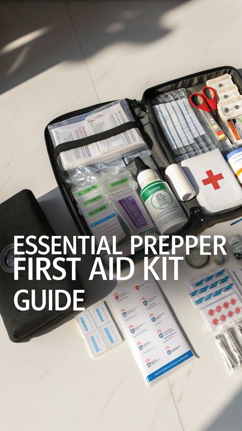 Overhead view of an open first aid kit with organized medical supplies on a white surface, highlighted by dramatic lighting with red cross symbol and text overlay reading 'Essential Prepper First Aid Kit Guide' First Aid Training, Medical Emergency, Wound Care, Aid Kit, First Aid Kit, Emergency Medical, First Aid, Be Prepared, Get Ready