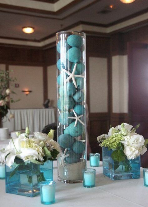 turquoise starfish wedding centerpiece Deco Theme Marin, Starfish Decorations, Seashell Centerpieces, Flowers In Vases, Beach Wedding Decorations Reception, Beach Wedding Centerpieces, Rustic Wedding Decorations, Flowers Candles, Sea Wedding