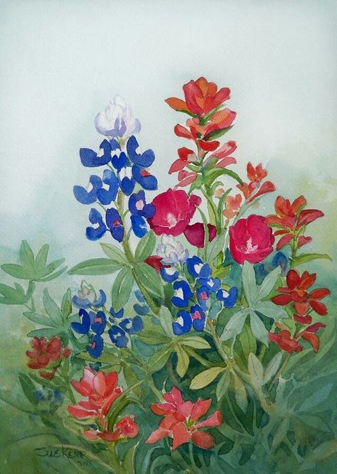 Bluebonnet Painting, Texas Watercolor, Wildflowers Painting, Texas Crafts, Texas Wildflowers, Texas Tattoos, Nature Environment, Wildflower Paintings, Texas Bluebonnets