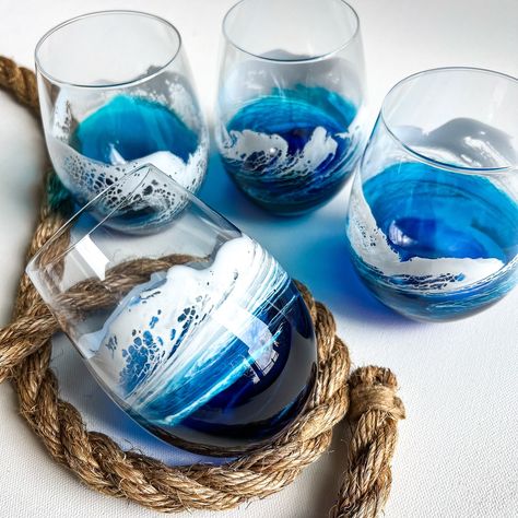 Resin Wine Glasses, Crystal Wine Glasses, Crystal Resin, Ocean Waves, Resin Crafts, Resin Art, Hand Blown, Wine Glasses, House Warming