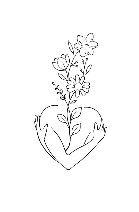 Heart Flower Tattoo, Rose Shoulder Tattoo, Self Love Tattoo, Line Art Tattoos, Pola Sulam, Line Art Design, Tattoo Outline, Outline Art, Fine Line Tattoos