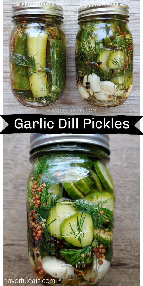 Made with herby, fresh dill, pickling spices, and plenty of garlic cloves, a batch of homemade Garlic Dill Pickles is the tangy, crunchy snack you’ve been waiting for! #pickles How To Make Pickles From Cucumbers Dill, Homade Pickle Recipe, Homemade Pickle Flavors, Homage Pickles, Garlic Pickles Canning, Garlic Pickles Homemade, Zesty Pickle Recipe, Pickles Homemade Canning, Homemade Canned Pickles