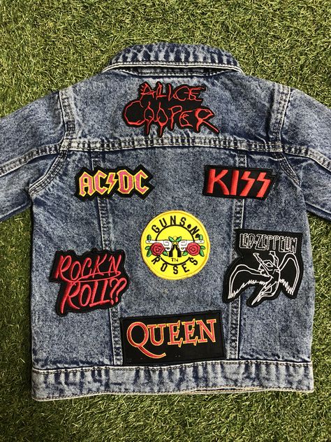 A custom band jacket for Mamas or Minis featuring band patches of your choice! Check out our huge selection on our instagram page, or shop our Etsy store! Band Patches Jacket, Embroidary Jeans, Jacket Patches Aesthetic, Rock Jean Jacket, Patch Jacket Ideas, Patched Jeans Diy, Denim Jacket With Patches, Patched Jacket, Rocker Jacket