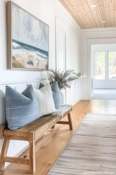 Modern Coastal Hallway, Nantucket Coastal Style, Modern Coastal Decor Bathroom, High End Coastal Decor, Coastal Retreat Interior Design, Modern Coastal Aesthetic, Modern Coastal Foyer, Cottage Lake House Interiors, Lake House Vibes