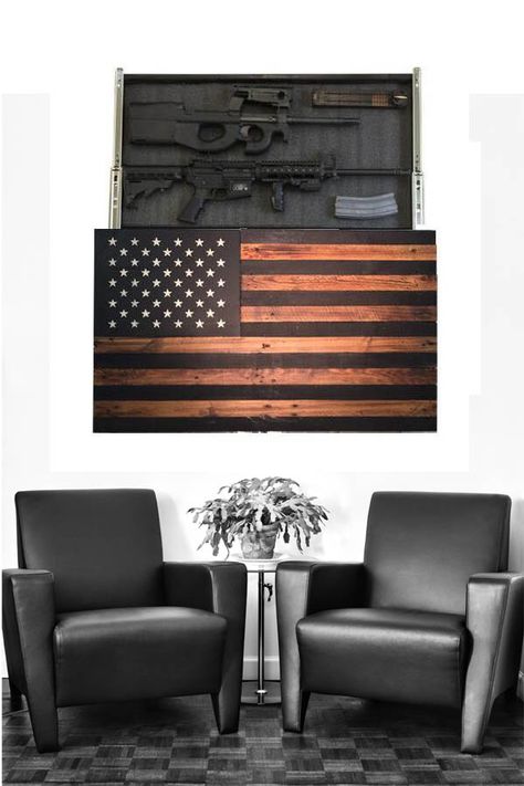 Slide Down Concealment Flag American Flag Furniture, Shotgun Concealment Furniture, Diy Concealment Flag Plans, Flag Display Case Plans, Concealment Flag, Vertical American Flag, Wood Shop Projects, Eames Lounge Chair, Wood Shop