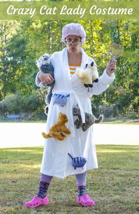 Learn how to create a DIY old crazy cat lady costume for Halloween! Make your costume complete with a kitty litter scoop, fun socks, and Crocs. Fun for kids or for women! Cat Theme Trunk Or Treat, Crazy Cat Lady Halloween Costume, Crazy Cat Lady Halloween, Cat Lady Costume, Crazy Cat Lady Costume, Old Lady Costume, Trash Party, Litter Scoop, Kitty Litter