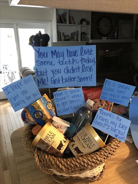 I made this for my boyfriend, and surprised him after he had his wisdom teeth removed. It's full of ice cream, yogurt, mac and cheese, water, Gatorade, a blanket, pajama bottoms, and cookies (to eat after he recovers). Wisdom Teeth Foods, Soft Snacks For Wisdom Teeth, Care Package For Wisdom Teeth Removal, Wisdom Teeth Gift Basket, Surgery Gift Basket Recovery For Men, Braces Gift Basket, Wisdom Teeth Basket Care Packages, Wisdom Teeth Recovery Gifts, Wisdom Teeth Removal Care Package