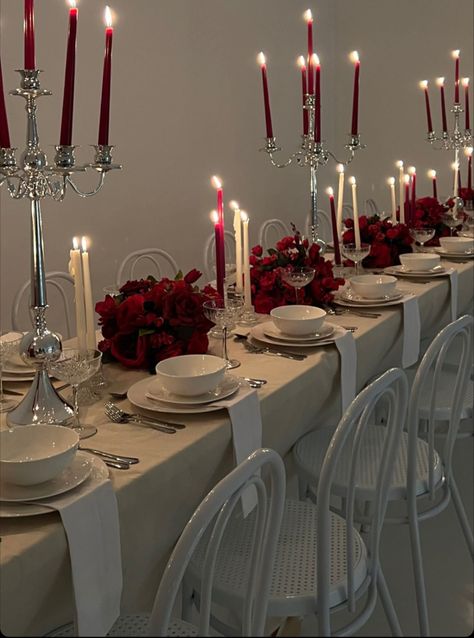 Red White Birthday Theme, Ruby Red Party Theme, Red And White Dinner Party, Cherry Red Wedding Theme, Red And Black Table Setting, Red Birthday Party Decorations For Women, Red And White Birthday Party Decorations, Red Wedding Stage, Roses Birthday Party Ideas