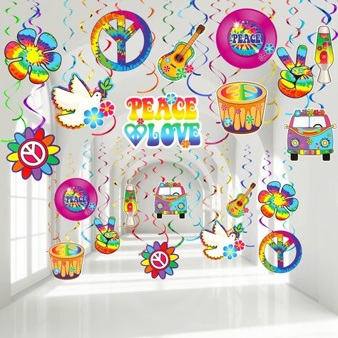 PRICES MAY VARY. Wonderful bundle: including 30 pieces of foil swirl decorations, among which are 20 foil swirl decorations with hippie theme cutout cards, and 10 double spiral decorations without cutouts; Swing it and let the party vibe start; These swirl decors will show your celebration Suitable size: the size of each retro flower peace sign cutout card is 15 x 15 cm/ 5.9 x 5.9 inches; Each swirl can extend to approx 28 - 36 inch in length; You can hang it anywhere as you like, bring a fun mo Hippie Theme Party, Peace Sign Party, Hippie Birthday Party, 60s Theme, 1960s Party, Groovy Party, Ceiling Decorations, Hippie Birthday, Birthday Party Accessories