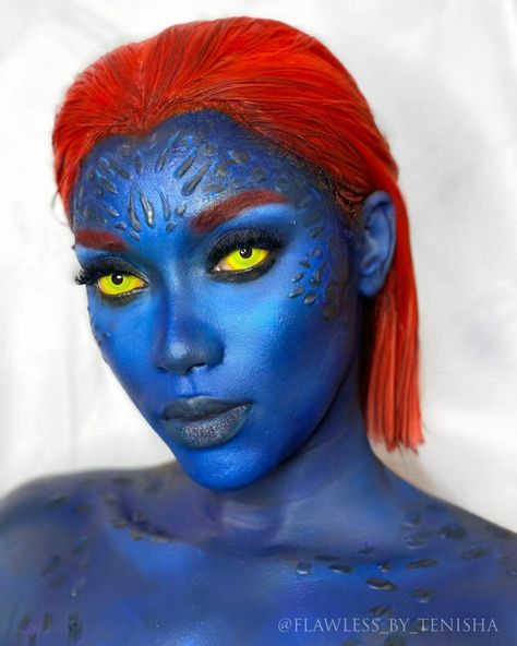 Mystique Halloween Costume, Halloween Face Paint Costumes, Character Makeup Ideas, Face Paint Costume, Mystique Makeup, Mystique Cosplay, Mystique Costume, Dress Up Halloween, Horror Make-up