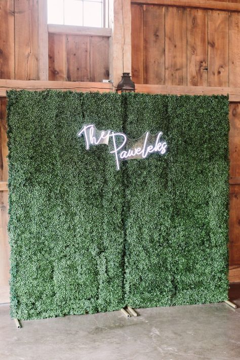 Plant Backdrop Wall, Green Wall With Neon Sign Wedding, Ivy Wall Photo Backdrop, Grass Wall With Neon Sign Wedding, Ivy Photo Backdrop, How To Make A Greenery Wall Backdrop, Boxwood Wall With Neon Sign, Photo Backdrop Neon Sign, Boxwood Wall Wedding