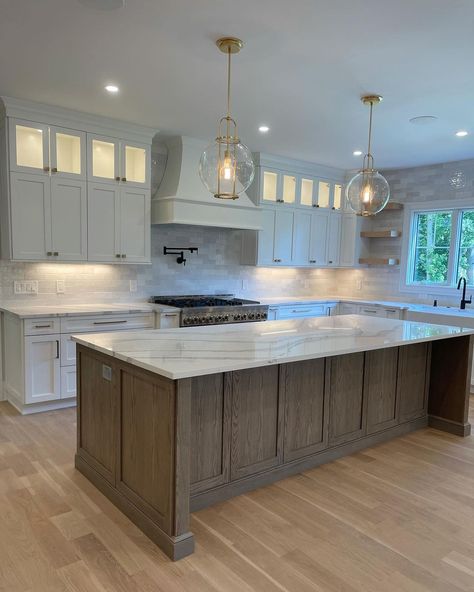 Kitchen With 8 Ft Island, Grand Kitchen Island, Simple Kitchen With Island, Big Kitchen Plan, 10' Kitchen Island, Kitchen Remodel With Large Island, Kitchens With Oak Floors, Renovated Farmhouse Kitchen, Kitchen Layout With Large Island