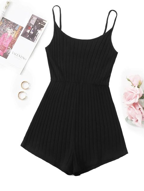 Plus Rib-knit Cami Romper | SHEIN USA Cami Romper, Sleepwear Fashion, Body Outfit, All Black Outfit, Korea Fashion, Fashion Design Clothes, Cute Simple Outfits, Girls Fashion Clothes, Basic Outfits