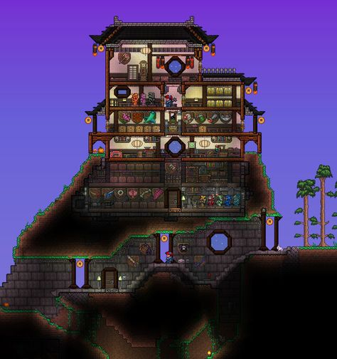 Terraria--dynasty base, interesting windows Terraria Window Design, Terraria Dynasty House, Terraria Pylon House, Terraria Building Blocks, Terraria Clothier House, Terraria Jungle Build, Dynasty Wood House Terraria, Terraria Castle, Terraria Tips