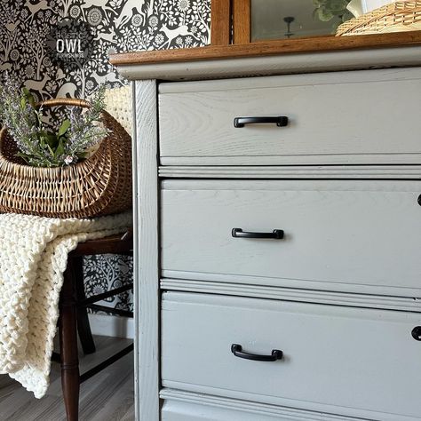 Wow what a ton of work to get here 😅 But so so worth every ounce of work!! This 1800’s Eastlake Dresser was painted in Heritage Pewter by @melangepaints a desaturated sage green with grey undertones. It’s stunning!! New black hardware to modernize it a touch. I stain matched the top to the original mirror using Antique Oak by @generalfinishes Absolute perfect match!!! Swipe ⬅️ to see the before!! #melangepaints #rusticowlfurnishings #ipainteditpretty #furniture #furnituredesign #furnitu... Sage Green With Grey, Eastlake Dresser, Black Hardware, Sage Green, Perfect Match, New Black, Furniture Design, Dresser, Stain