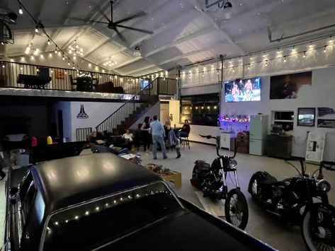 Garage Hangout And Workshop, Shop With Hangout Area, Garage Loft Gym, Big Garage House, Dream Garage Man Cave, Big Garage Ideas, Garage With Living Quarters Upstairs, Barndominium Garage Ideas, Garage Kitchen Ideas