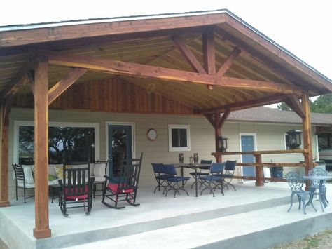 Canyon Lake porch Added On Back Porch, Porch Overhang Ideas Patio, Doublewide Porch Ideas Patio, Vaulted Patio Cover, A Frame Patio Cover, Covered Front Porch Ideas Decor, Porch Roofs, Covered Porch Ideas, Porch Covers