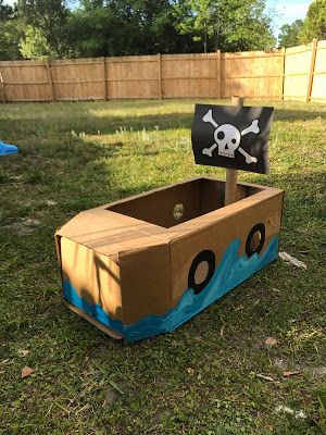 Cardboard Pirate Ship Diy, Pirate Ships Diy, Cardboard Pirate Ship, Ship Diy, Cardboard Boat, Pirate Themed Birthday Party, Pirate Themed Birthday, Pirate Boats, Pirate Day