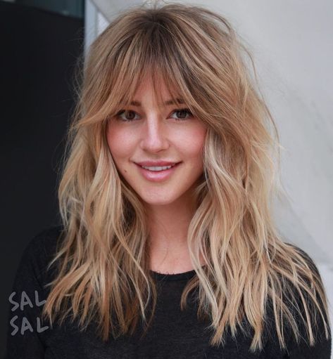 Shattered Bronde Shag with Bangs Bangs For Round Face Before And After, Blond Bangs Hairstyles, Long Haircuts With Bangs Curly, Medium Length Hair With Layers And Bangs Long Shag, Choppy Layers For Long Hair With Curtain Bangs, Long Shag Haircut Choppy Layers Curtain Bangs, Women's Razor Haircut, Long Think Haircut, Mid Length Hair With Bangs And Layers Wavy