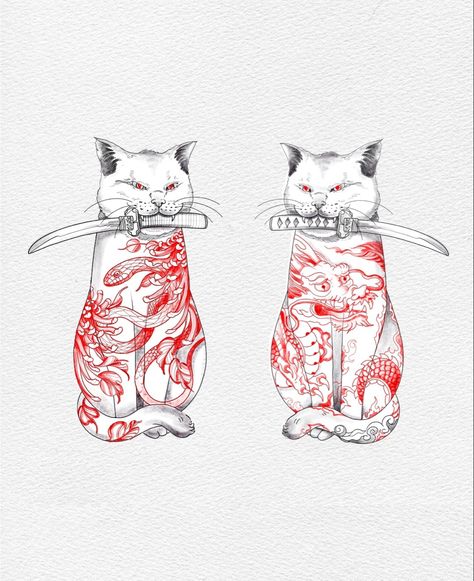 Cat Yakuza Tattoo, Japanese Tattoo Feminine, Ninja Cat Tattoo, Japanese Cat Tattoo Design, Cat Dragon Tattoo, Matching Japanese Tattoos, Japanese Tattoo Art Feminine, Asian Cat Tattoo, Japan Cat Tattoo